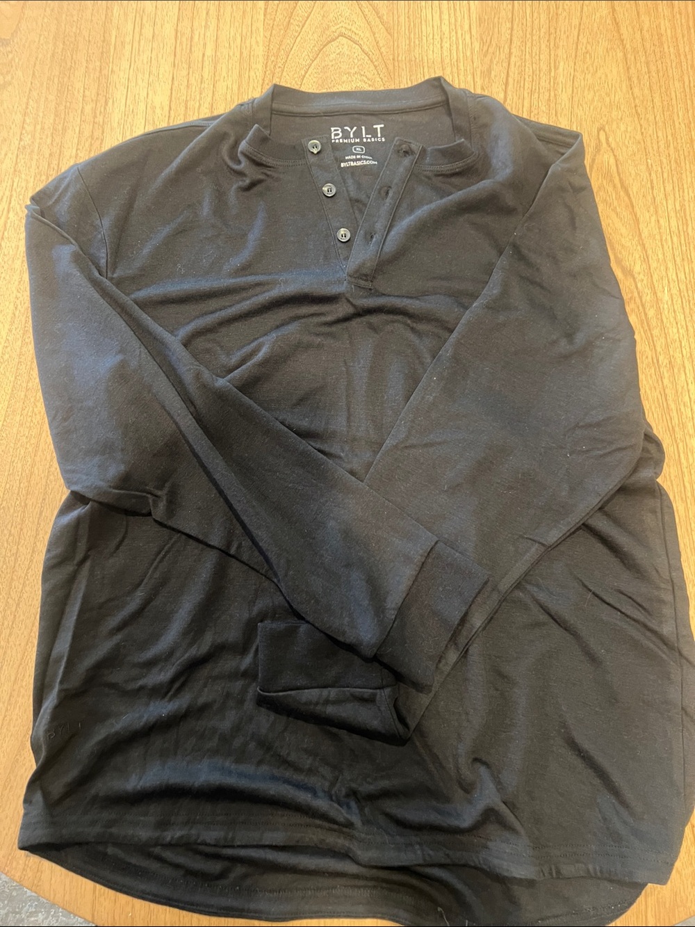 Men's Bylt Black Henley Merino Wool Long Sleeve Shirt- XL